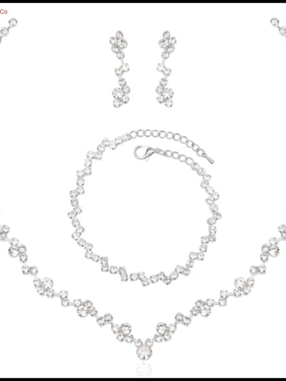 Silver Plated Crystal Necklace Earrings Bracelet Set Bridal Wedding Jewelry